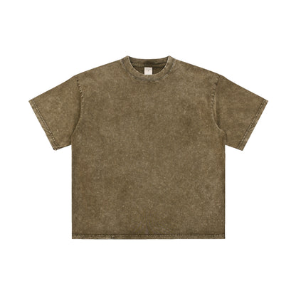 Men's T-shirt, casual solid color, high street wax printed water washed T-shirt