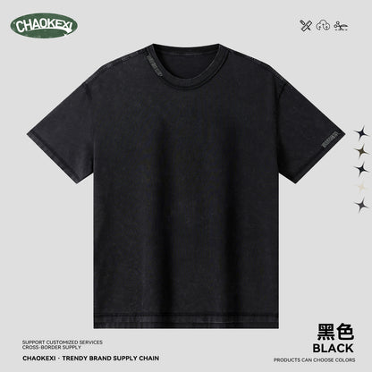 Men's pure cotton T-shirt with snowflake embroidery and reverse stitching.