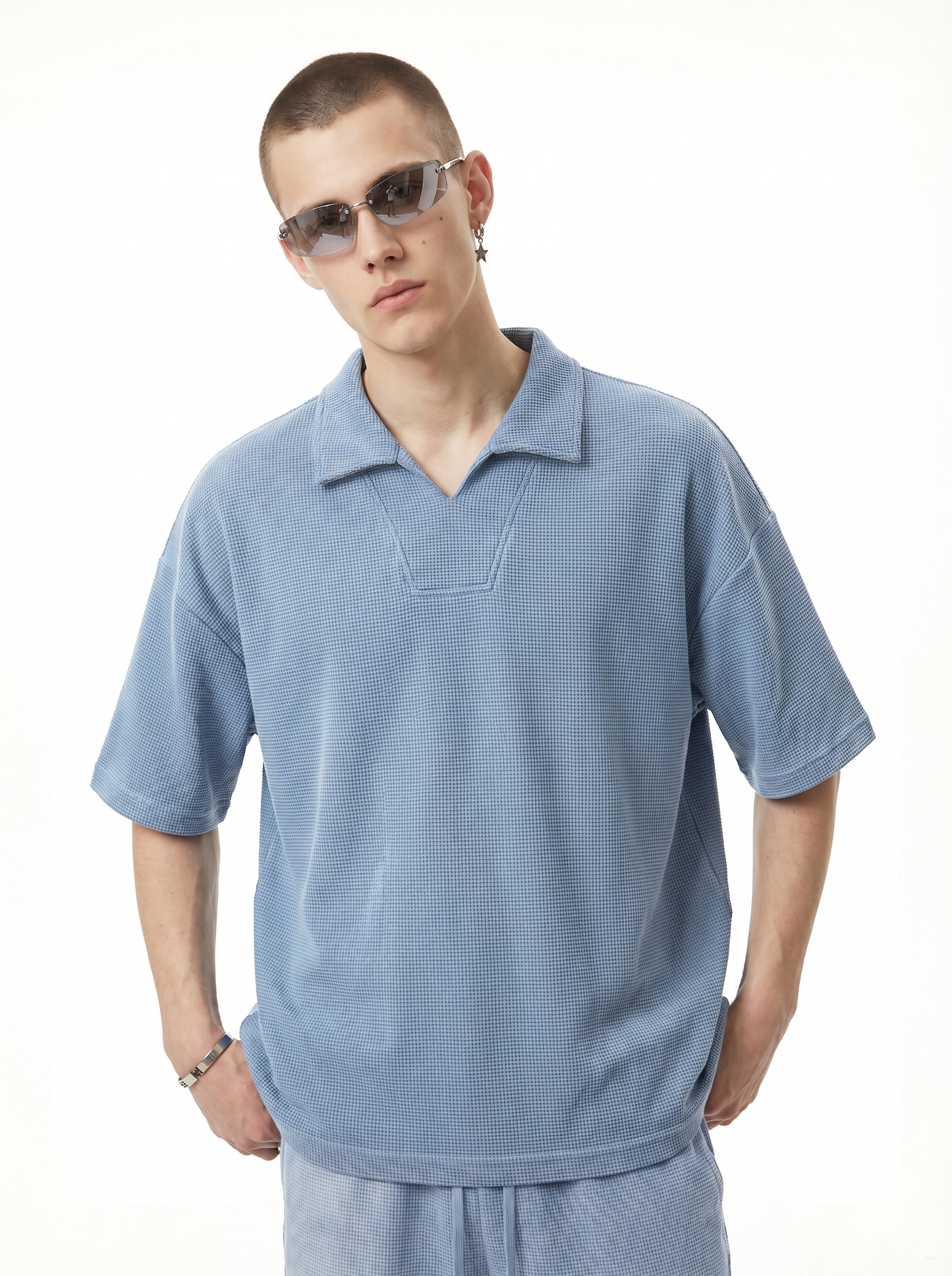 Men's Diamond Pattern Waffle Knit Polo Shirt