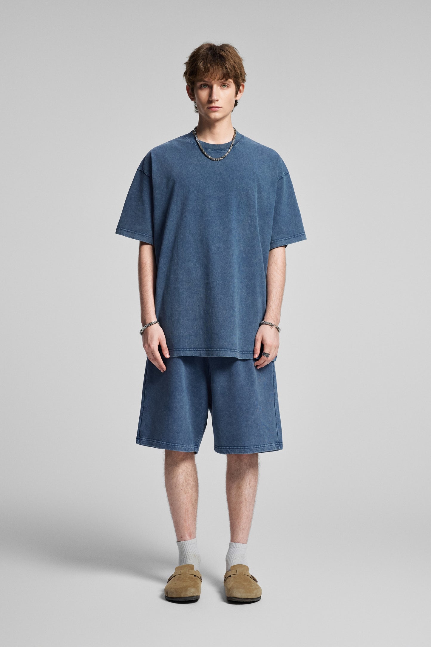 Men's T-shirt, casual solid color, high street wax printed water washed T-shirt